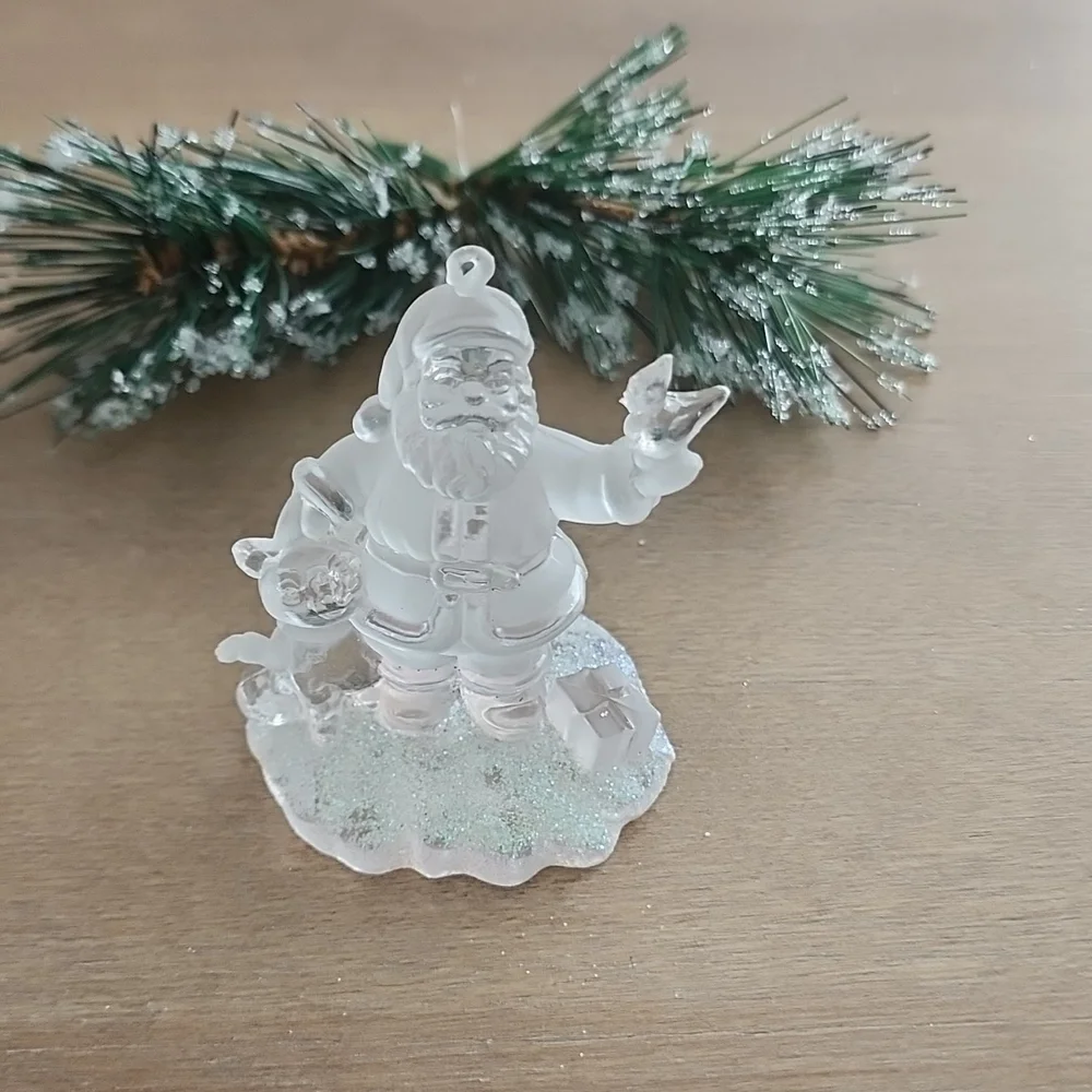 Vintage Frosted Acrylic Santa Ornament w Puppy Bird & Gift Glitter Snow Christma